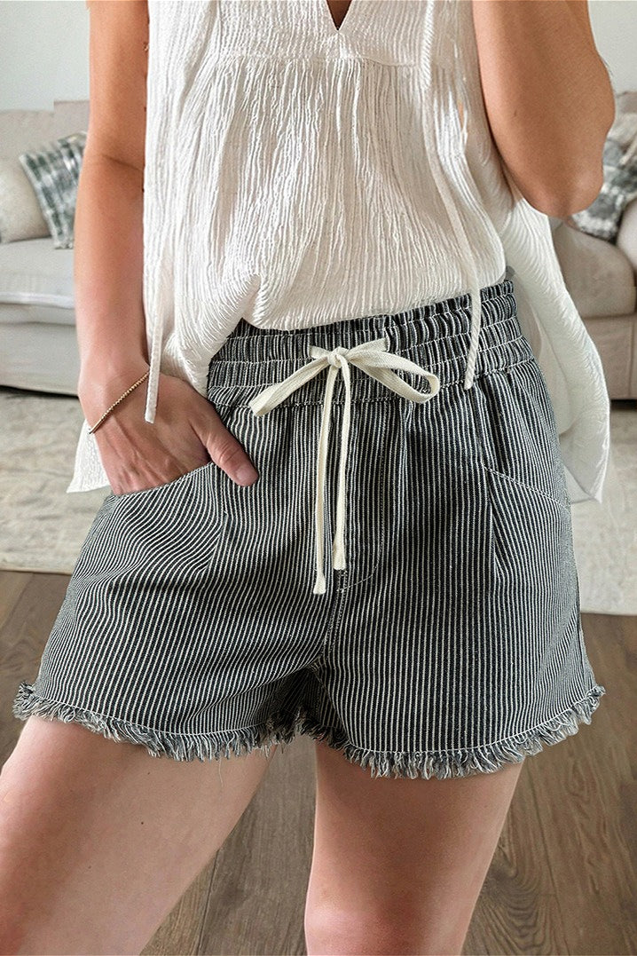 Striped Raw Hem Denim Shorts
