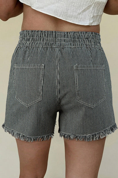 Striped Raw Hem Denim Shorts