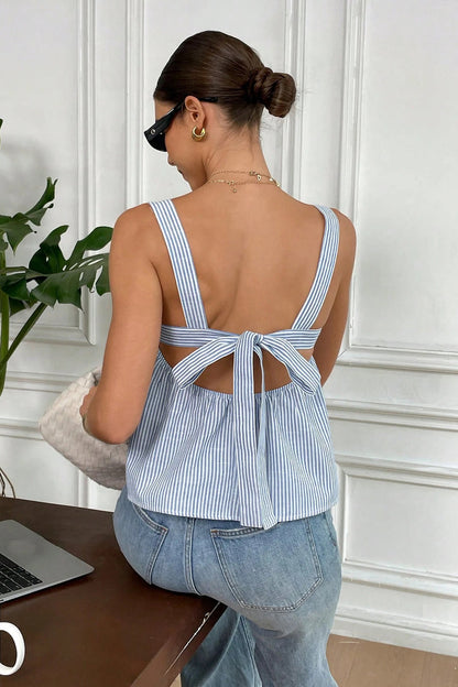 Striped Tie-Shoulder Square Tank Top