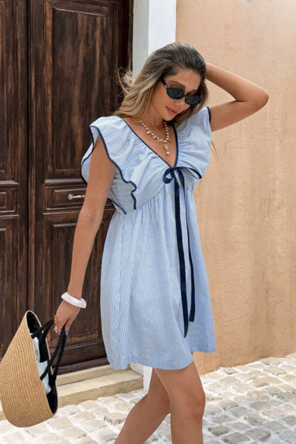 Striped V Neck Ruffle Flutter Sleeve Mini Dress