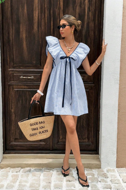 Striped V Neck Ruffle Flutter Sleeve Mini Dress