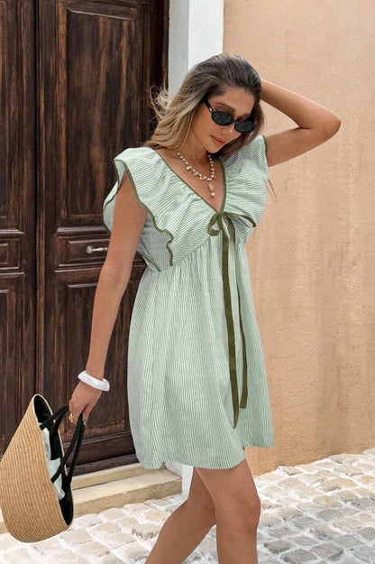 Striped V Neck Ruffle Flutter Sleeve Mini Dress