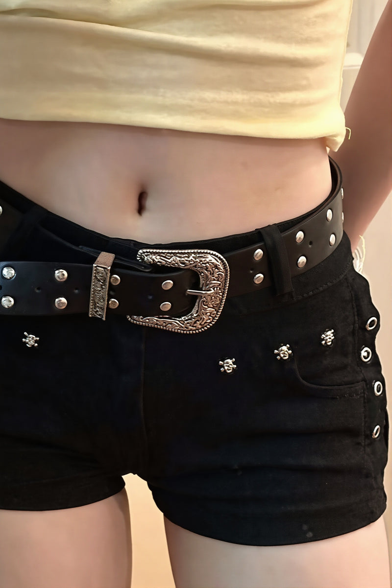 Studded Belt Low Rise Denim Shorts