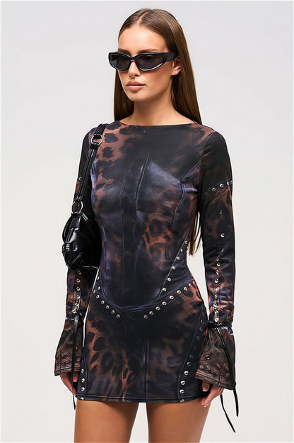 Stylish Leopard Rivet Slim Mini Dress