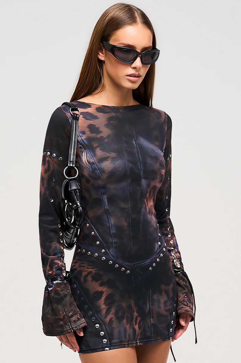 Stylish Leopard Rivet Slim Mini Dress