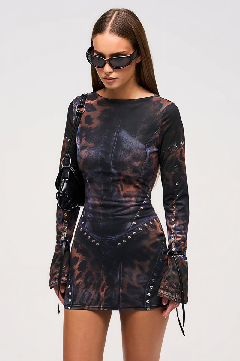 Stylish Leopard Rivet Slim Mini Dress