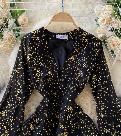 Stylish v neck short dress with stars S26