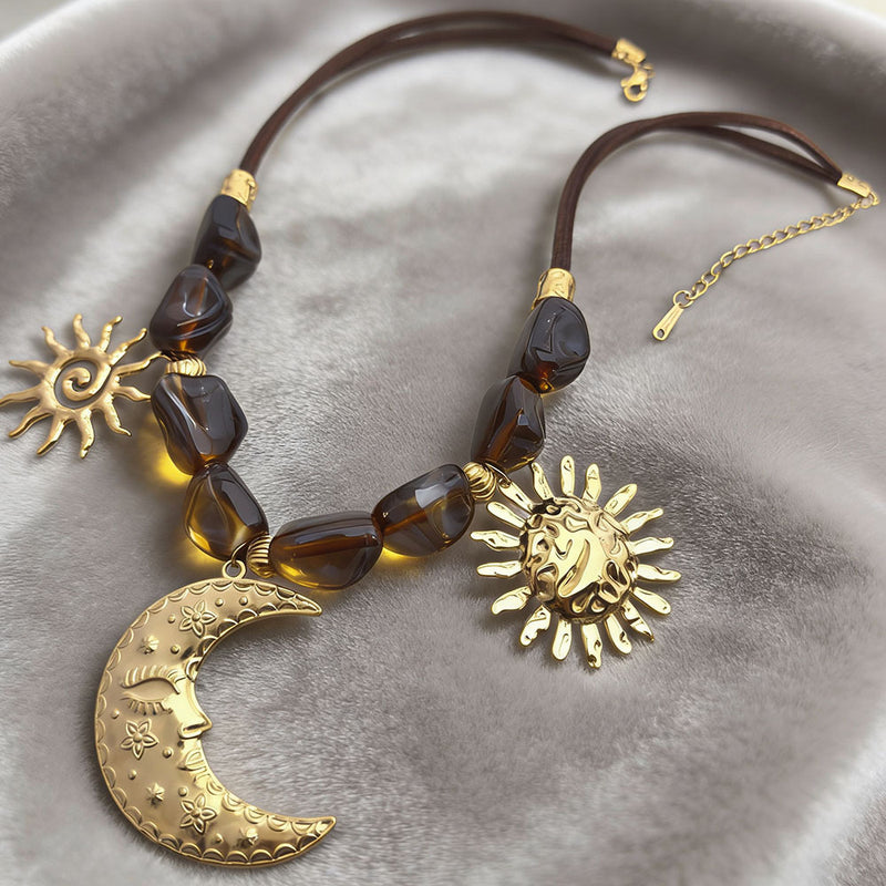 Sun Moon Stainless Steel Resin Beaded NeckLace