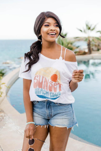 Sunset Beach Club White Slouchy Graphic Tee
