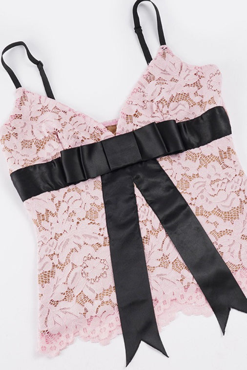 Sweet Color Block Bow Lace Cami Top