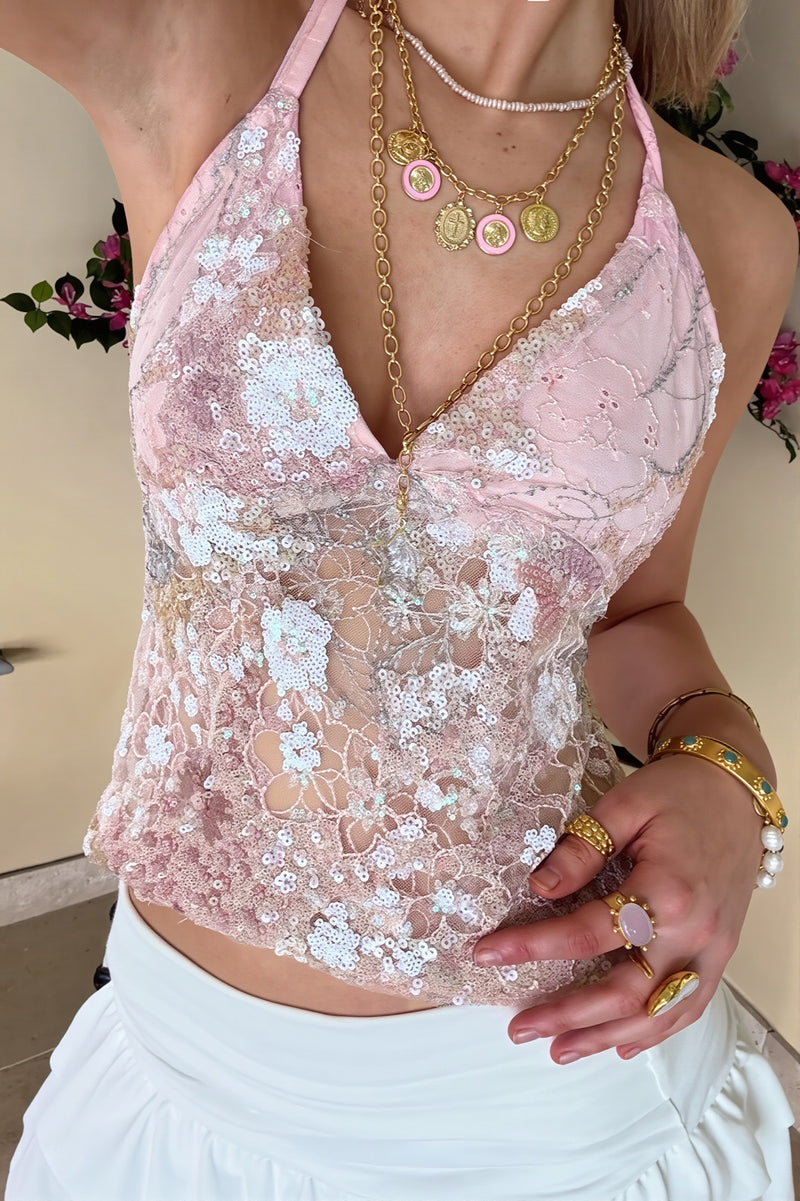 Sweet Hot Shee Sequin Lace Halter Top