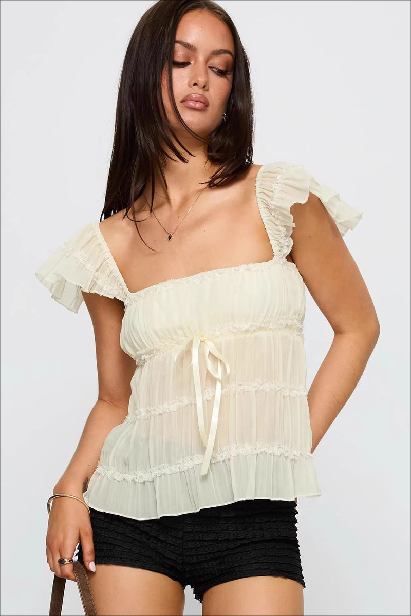 Sweet Lace Panel Ruffle Sleeve Cami Top
