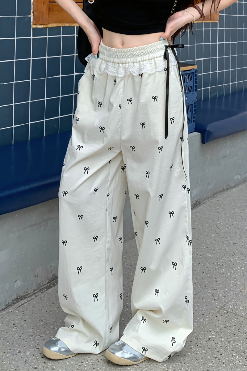Sweet Lace Trim Splice Bow Casual Pants