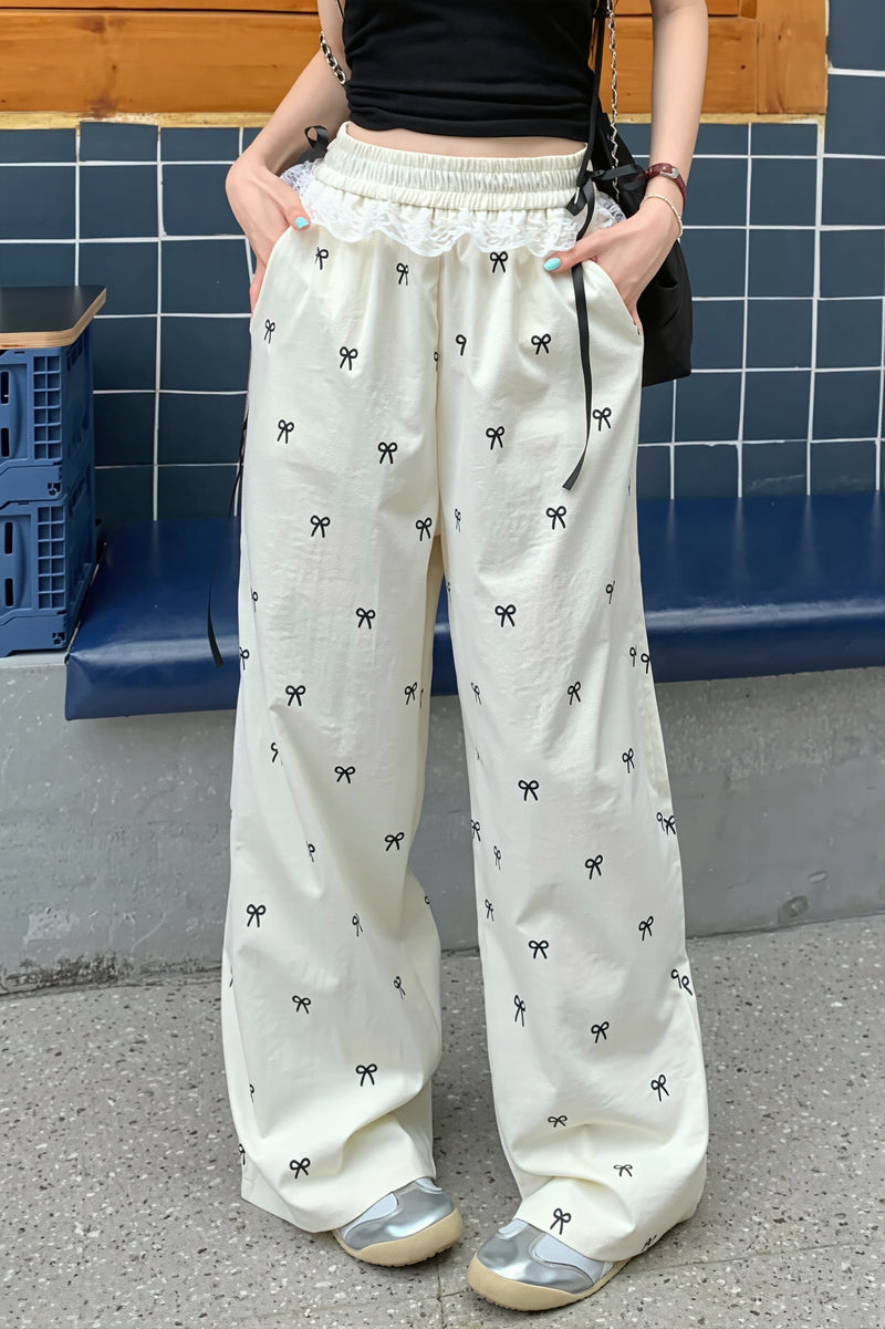 Sweet Lace Trim Splice Bow Casual Pants