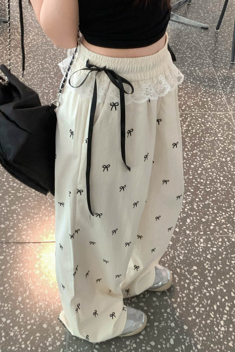 Sweet Lace Trim Splice Bow Casual Pants
