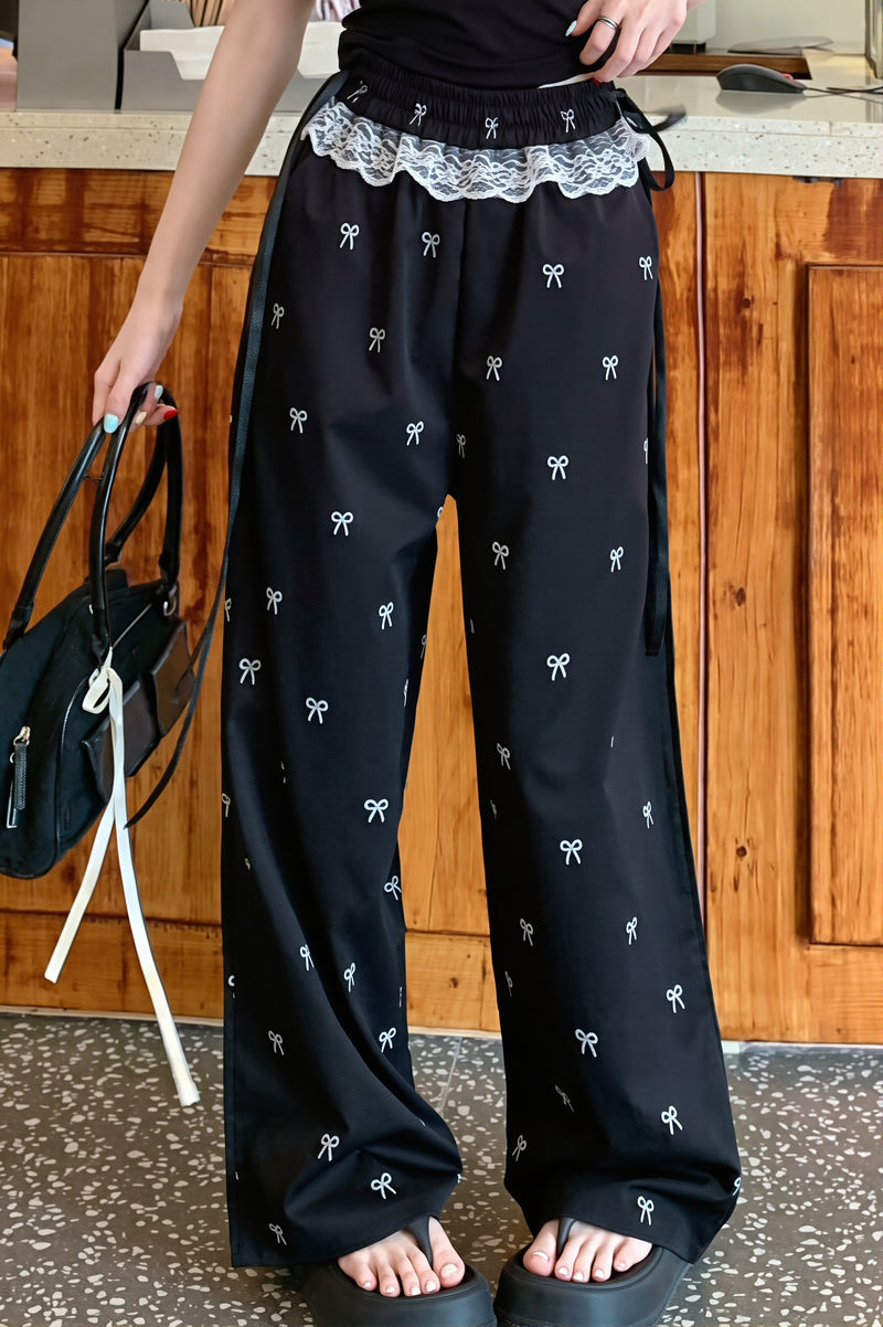 Sweet Lace Trim Splice Bow Casual Pants
