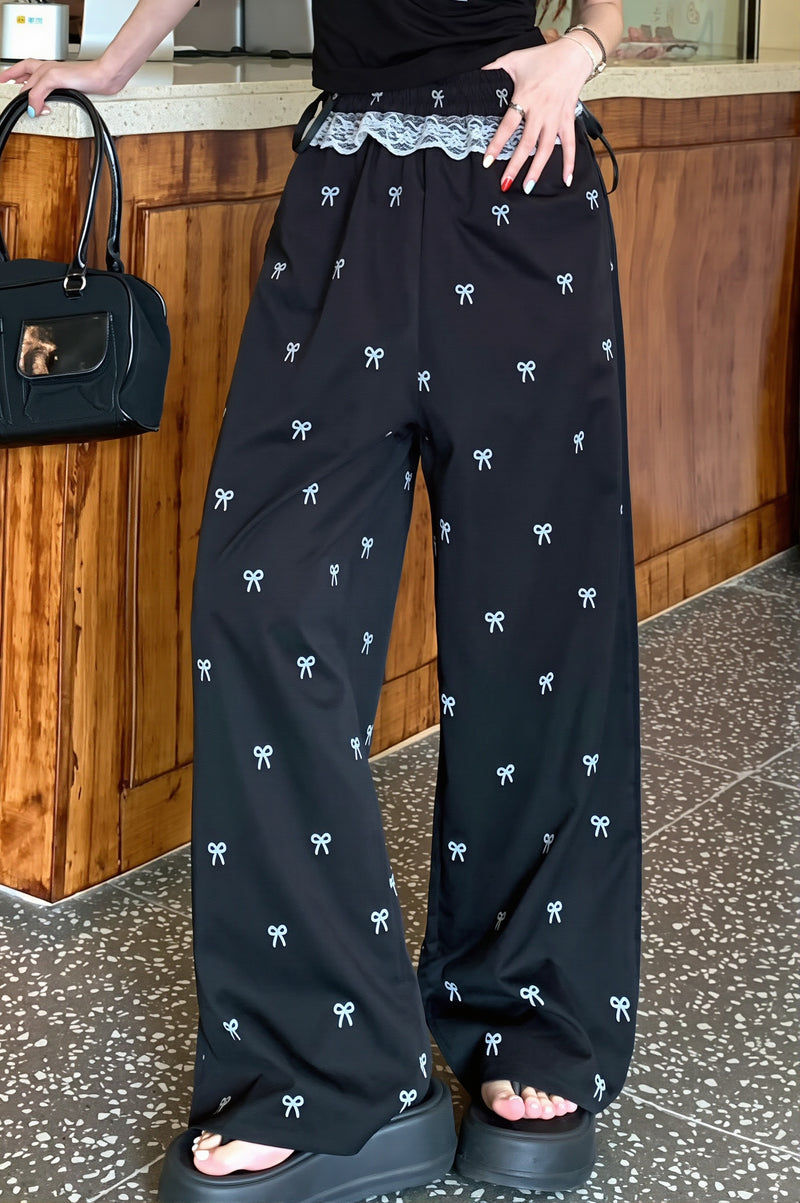 Sweet Lace Trim Splice Bow Casual Pants