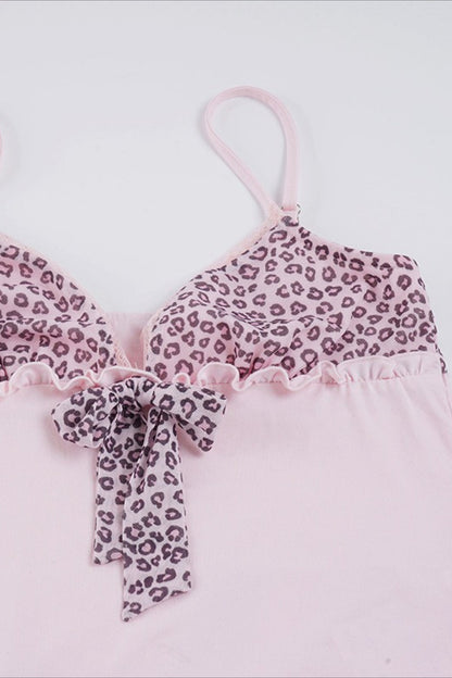 Sweet Leopard Patchwork Bow Lace Cami Top