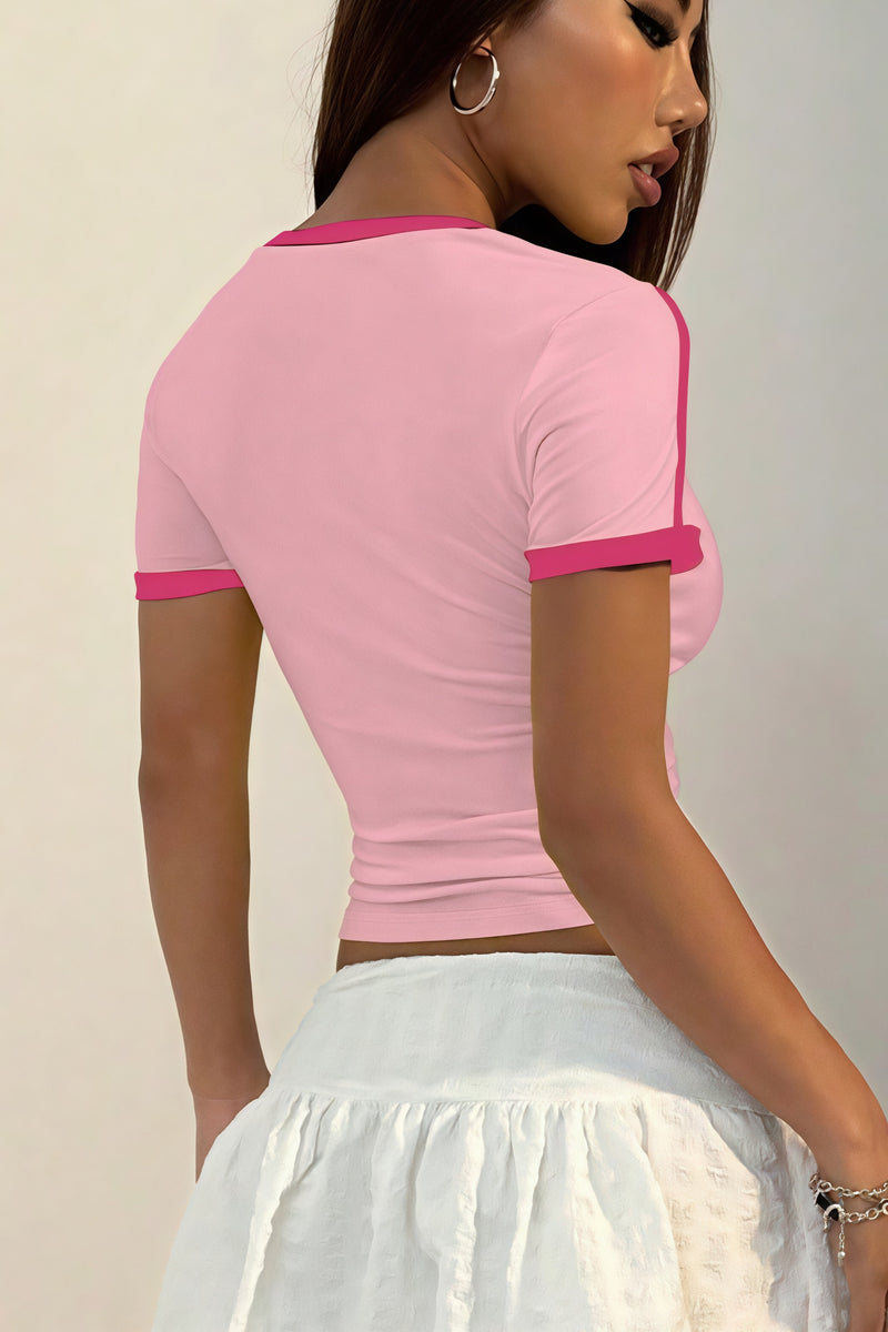Sweet Round Neck Printed Cropped T-shirt