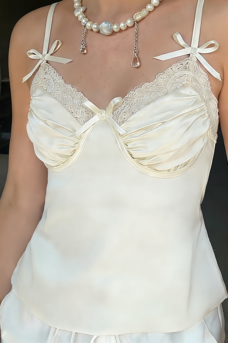 Sweet Satin Bow Ruched Cami Top