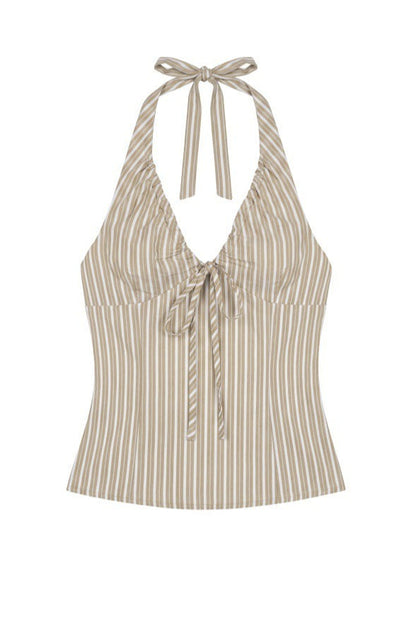 Sweet Striped Tie Backless Halter Top