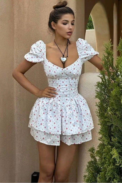 Sweet Tie Waist Ruffle Tier Puff Sleeve Mini Dress