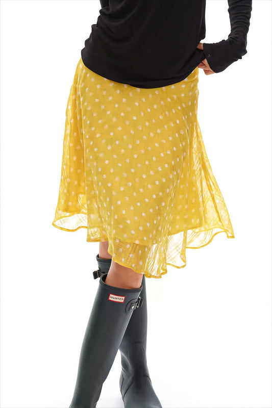 Sweet Yellow Polka Dot Draped Midi Skirt