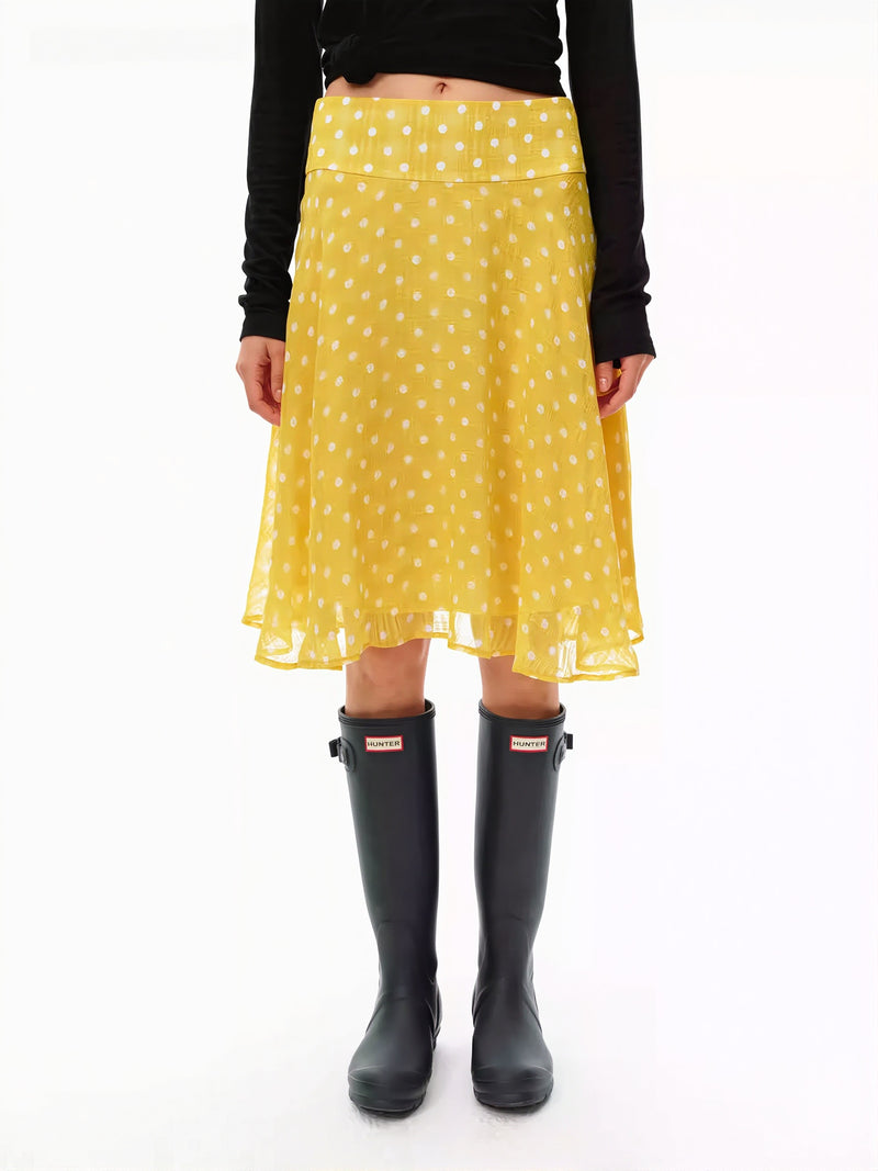 Sweet Yellow Polka Dot Draped Midi Skirt