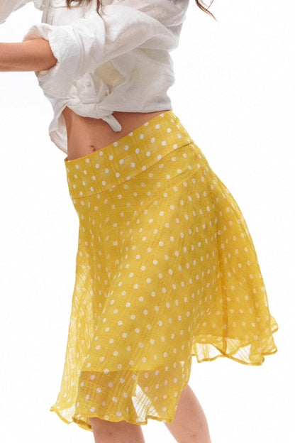 Sweet Yellow Polka Dot Draped Midi Skirt