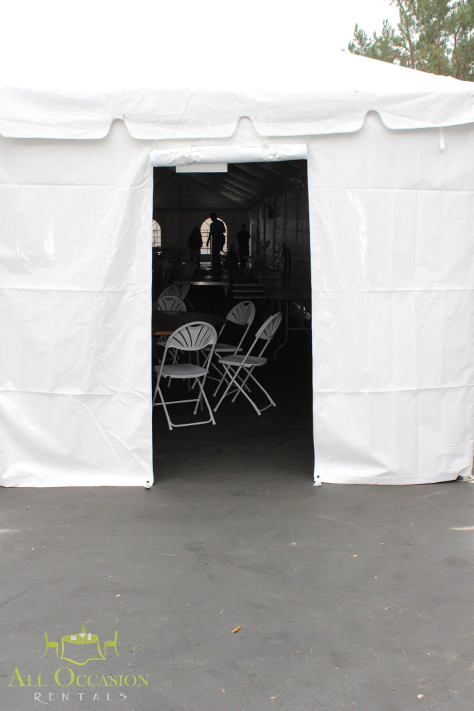 Tent solid white Door – Open entrance to event tent showcasing chairs inside.