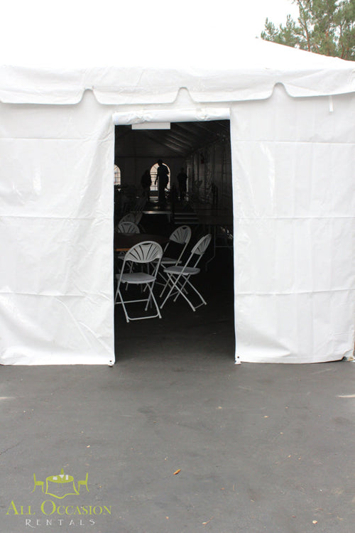Tent solid white Door – Open entrance to event tent showcasing chairs inside.