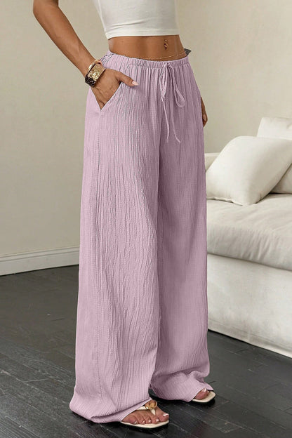 Textured Knot Waist Wide Leg Pants