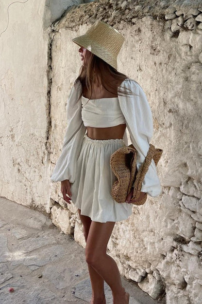 Tie Bandeau Pleated High Waist Skirt Set