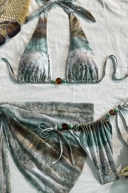 Tie Dye Ombre Beaded Two Piece Bikini Three Piece Swim Sets