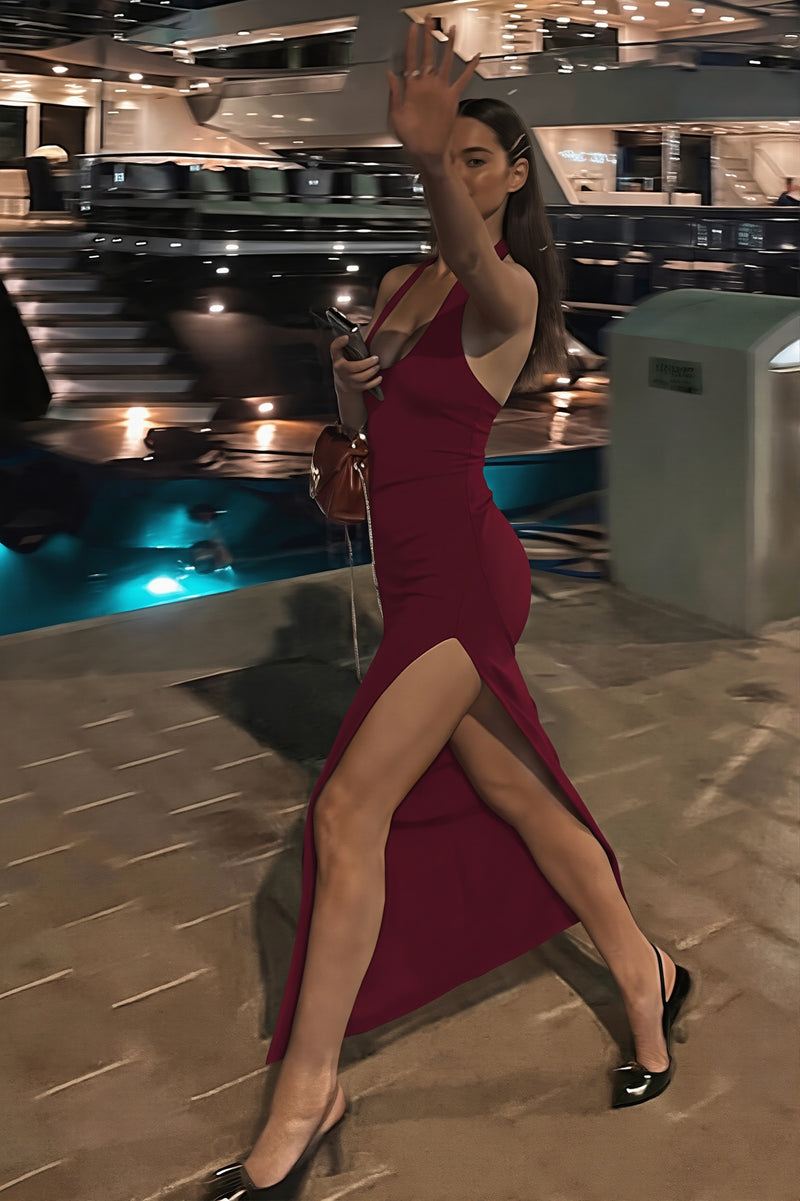 Tie Halter U Neck Waist Cinched Split Elegant Maxi Dress