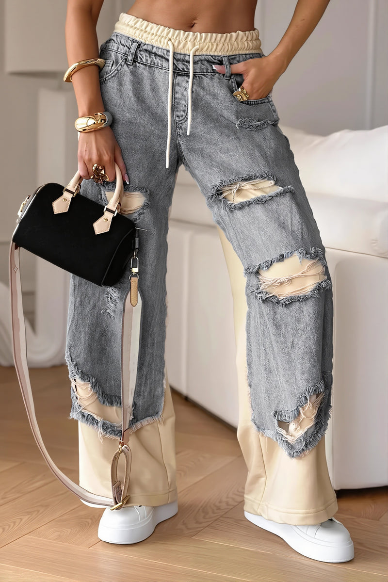 Tie Spliced Ripped Casual Straight Jeans