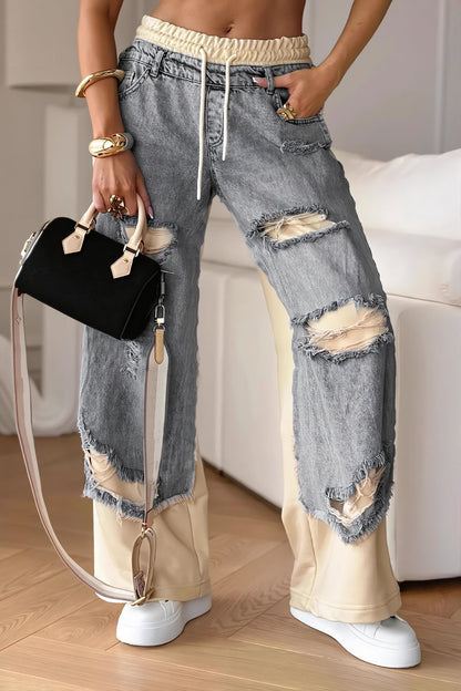 Tie Spliced Ripped Casual Straight Jeans