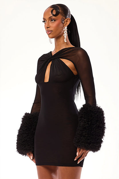 Tiered Sleeve Mesh Cutout Mini Dress