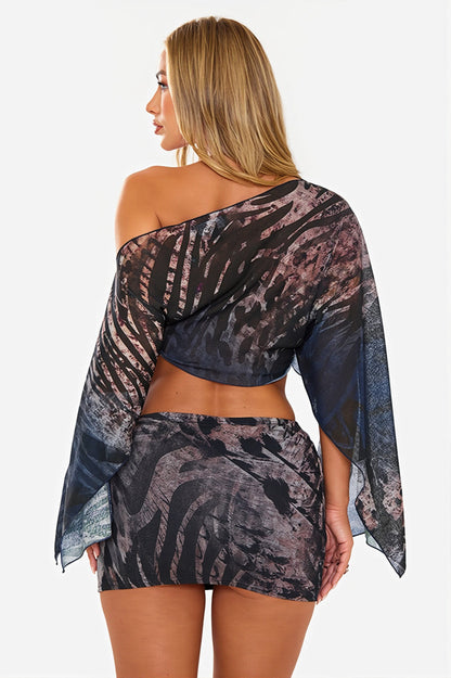 Tiger Print Mesh Off Shoulder Skirt Set