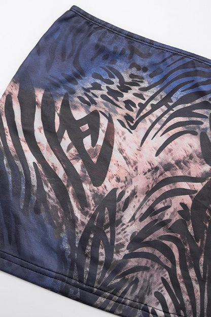 Tiger Print Mesh Off Shoulder Skirt Set