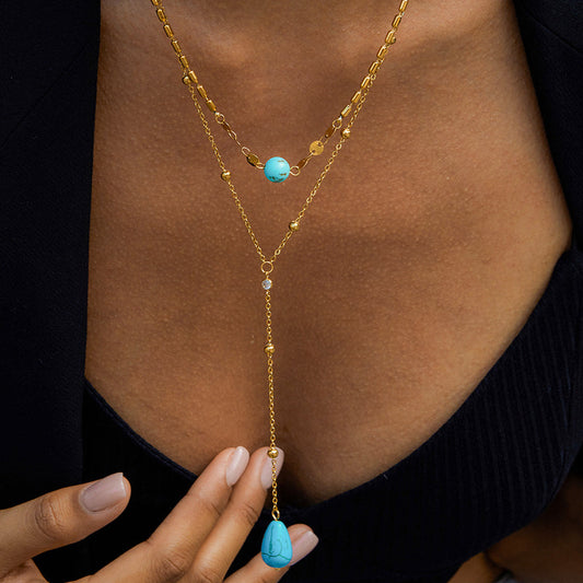 Titanium Blue Turquoise Double Layer Y-shaped NeckLace