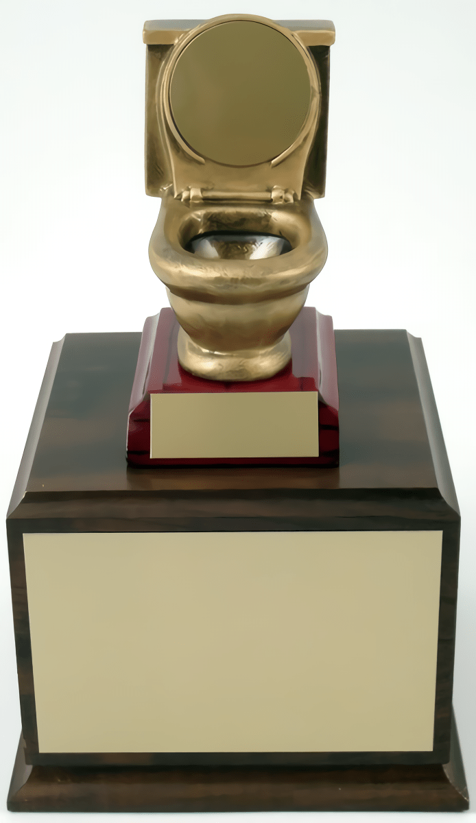 A Schoppy custom engraved fantasy football loser trophy for last place, featuring a personalized nameplate. A Toilet on top of large base.