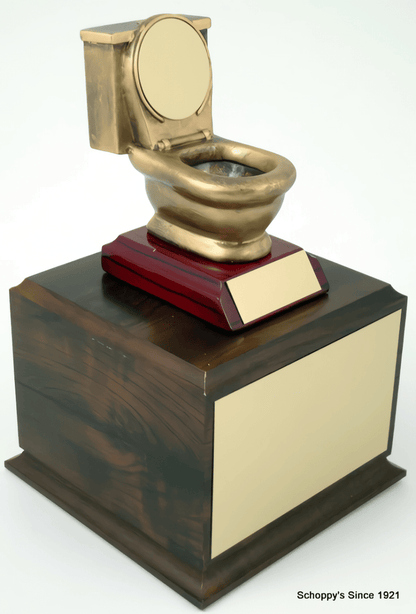 Side view of A Schoppy custom engraved fantasy football loser trophy for last place, featuring a personalized nameplate. A Toilet on top of large base.