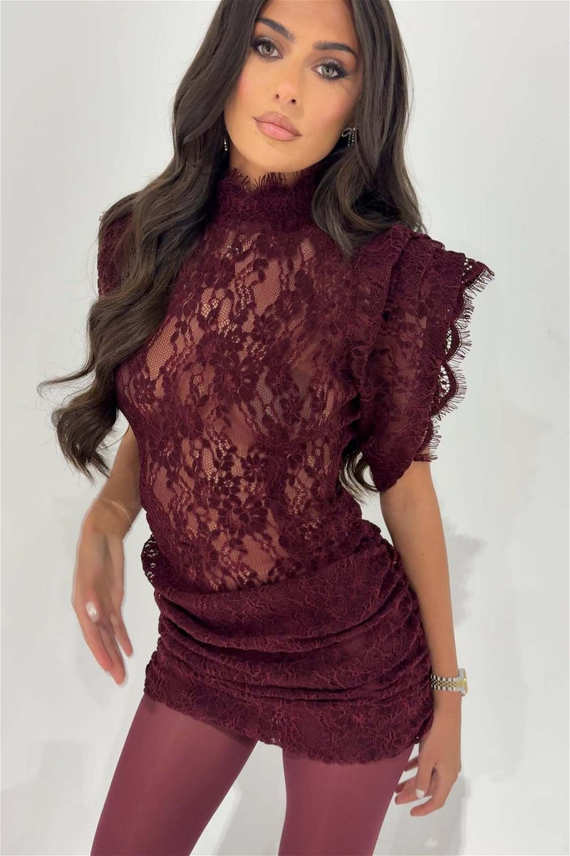 Turtleneck Lace Ruched Bodycon Mini Dress