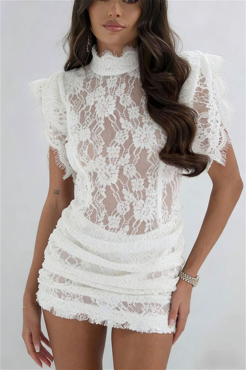 Turtleneck Lace Ruched Bodycon Mini Dress