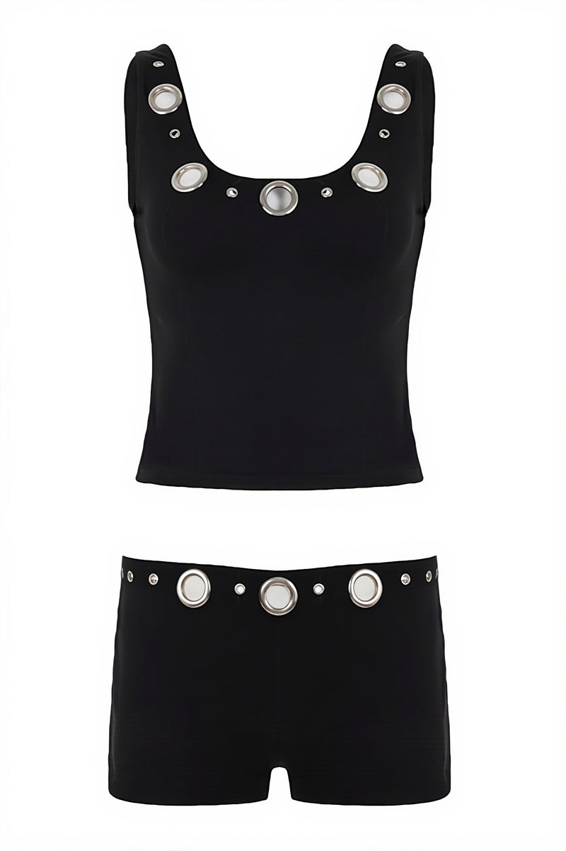 U Neck Cutout Crop Tank Low Rise Shorts Two Piece Set