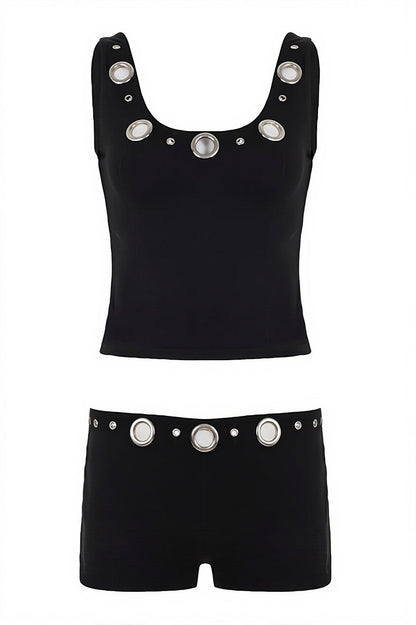 U Neck Cutout Crop Tank Low Rise Shorts Two Piece Set
