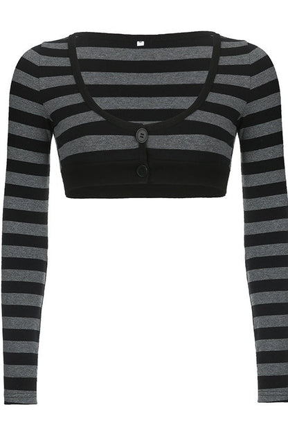 U Neck Stripe Cropped Knit Blouse