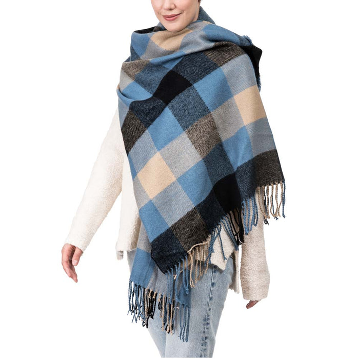 Unisex Oversized Gray/Blue and Beige Plaid Scarf with Tassels
