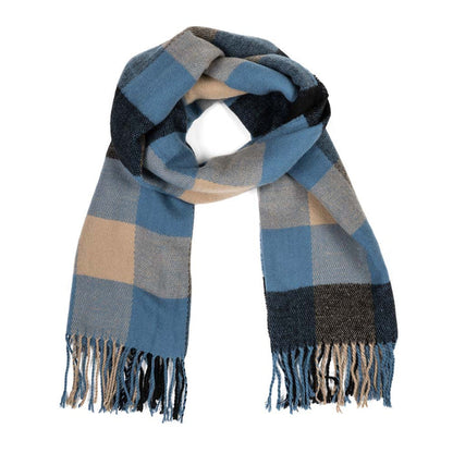 Unisex Oversized Gray/Blue and Beige Plaid Scarf with Tassels